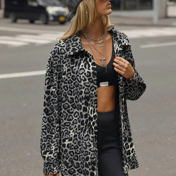Multicolor Casual Women's Leopard Print Front Button Long Sleeve Jacket - Picture 1 of 8